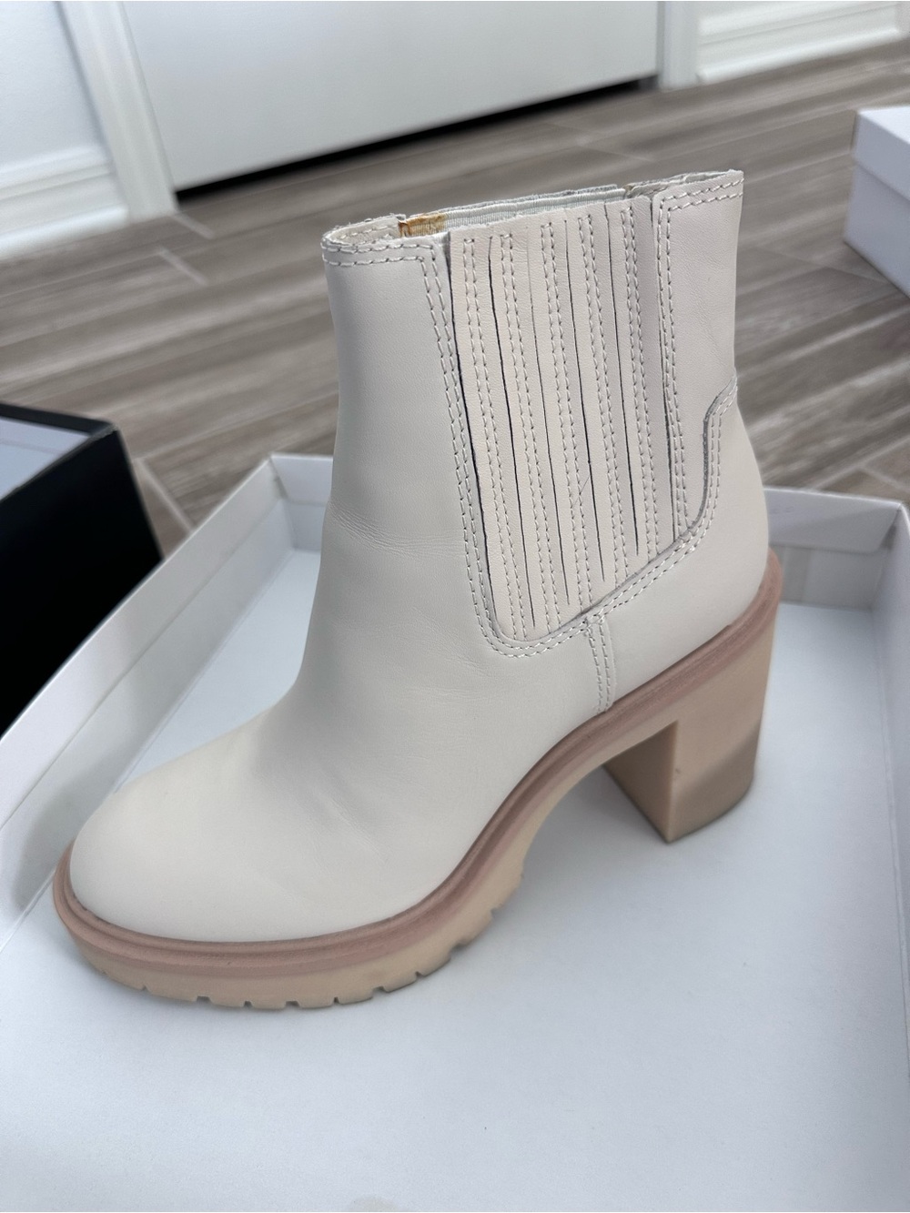 Dolce Vita Caster H20 Ivory Leather Ankle Boot with Block Heel